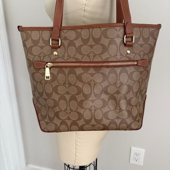 Coach Brown Signature Logo Coated Canvas Shoulder Bag F34603 ZipTop Tote - Picture 4 of 12